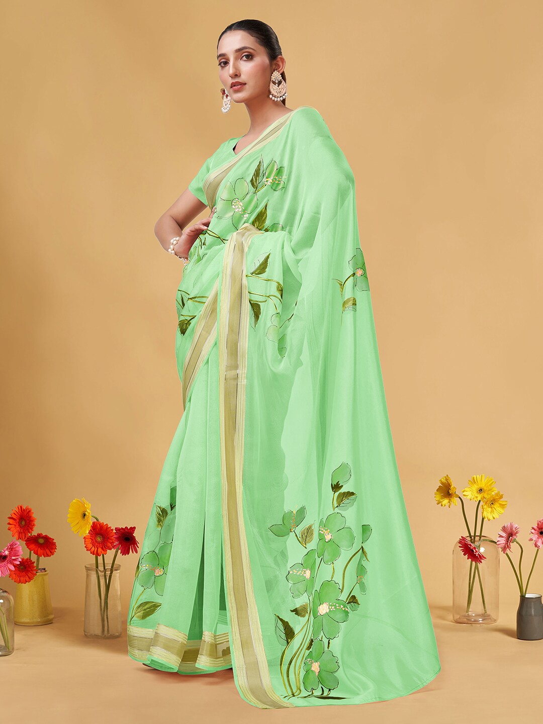 

Kasak Hand Painted Zari Organza Saree, Lime green