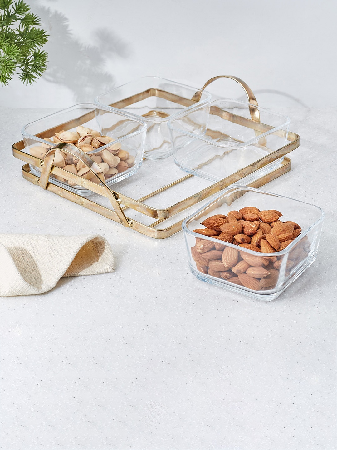 

Home Centre Gold Toned & Transparent 4 Pcs Glass Serving Bowls With Tray - 280ml Each