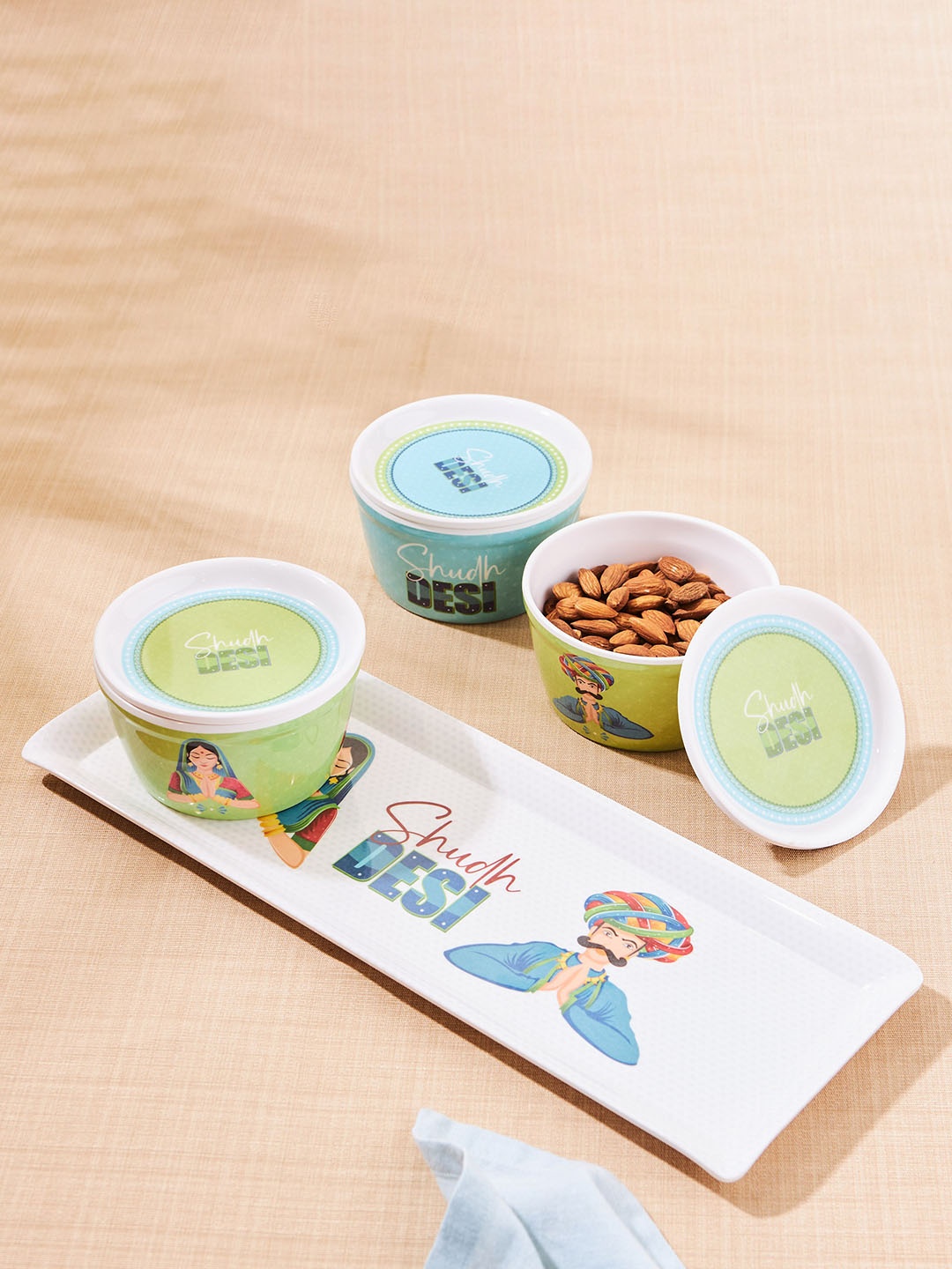 

Home Centre Luke Rhodes White & Green 3 Pcs Printed Melamine Candy Bowl With Tray, Multi