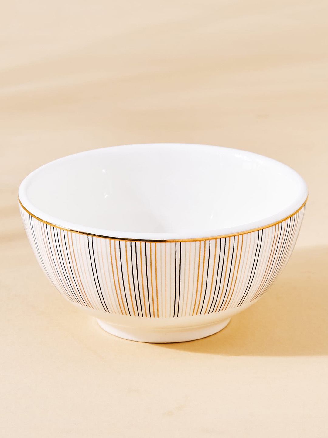 Home Centre Beige & Blue Festivora Porcelain Striped Serving Bowl
