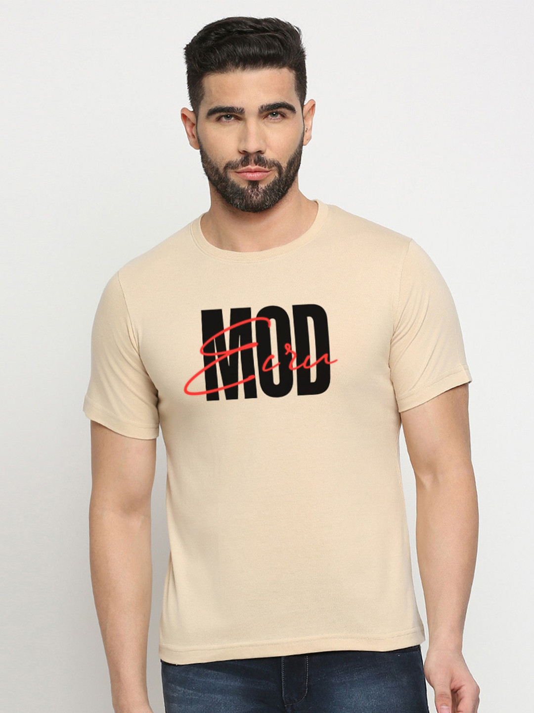 

MOD ECRU Typography Printed Cotton Casual T-Shirt, Cream