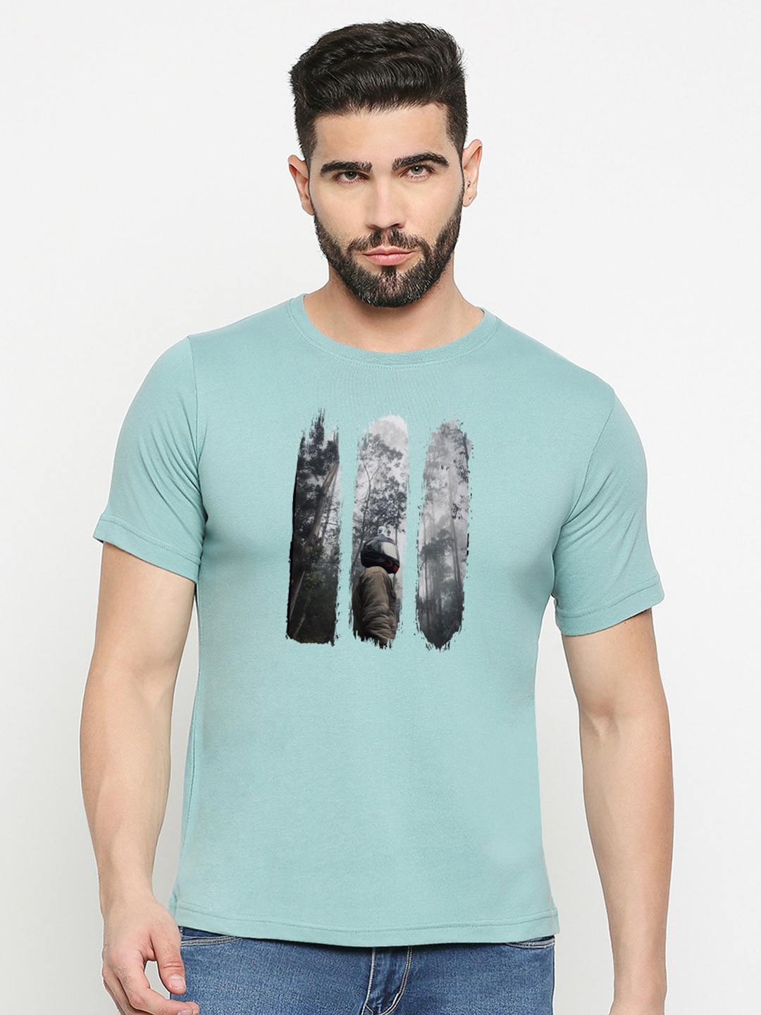 

MOD ECRU Graphic Printed Round Neck Cotton T-shirt, Green