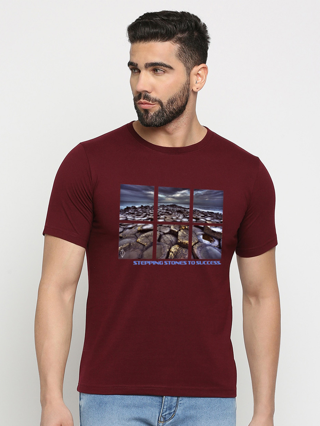 

MOD ECRU Graphic Printed Round Neck Cotton T-shirt, Maroon