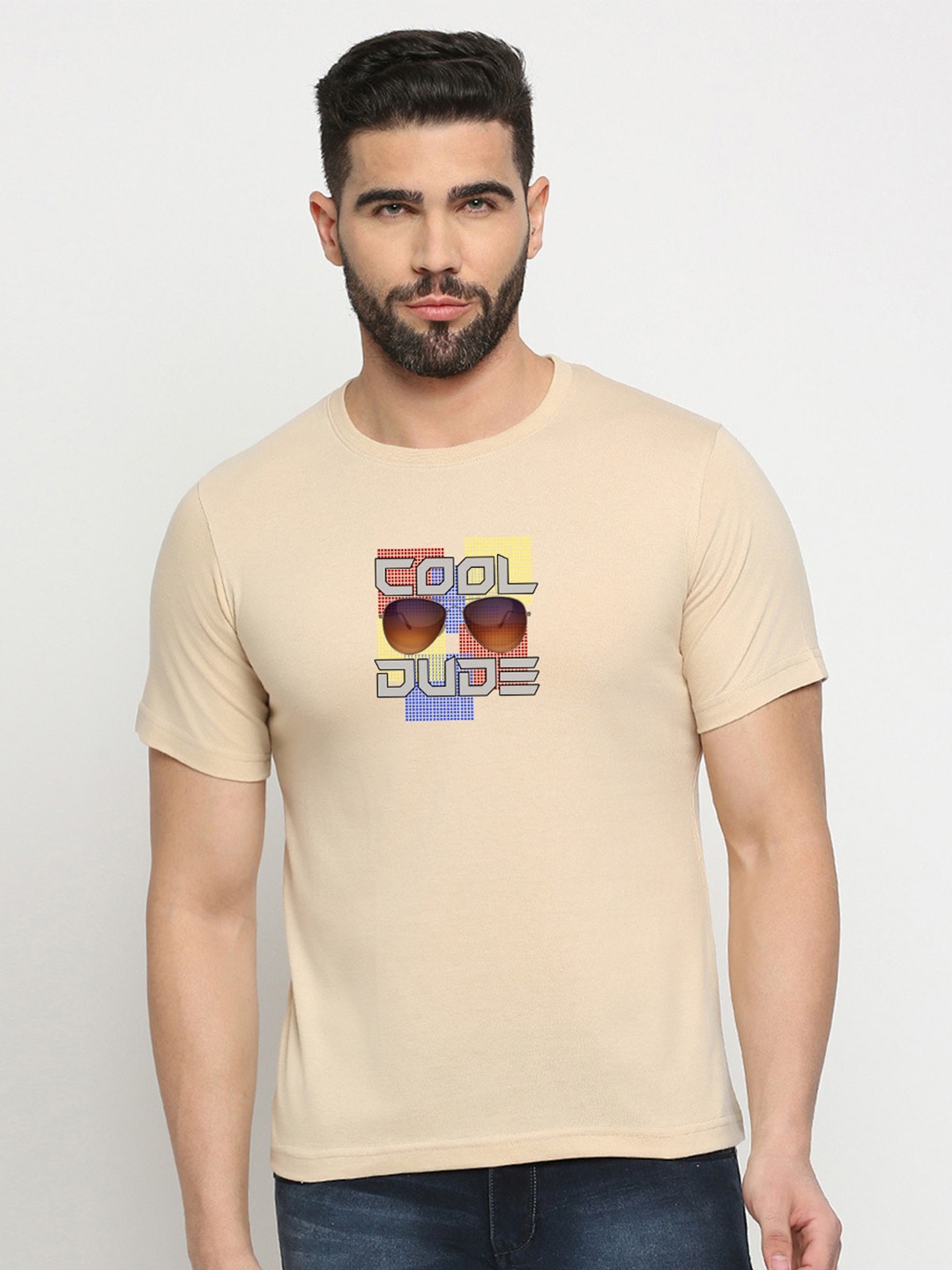 

MOD ECRU Typography Printed Round Neck Cotton T-shirt, Cream