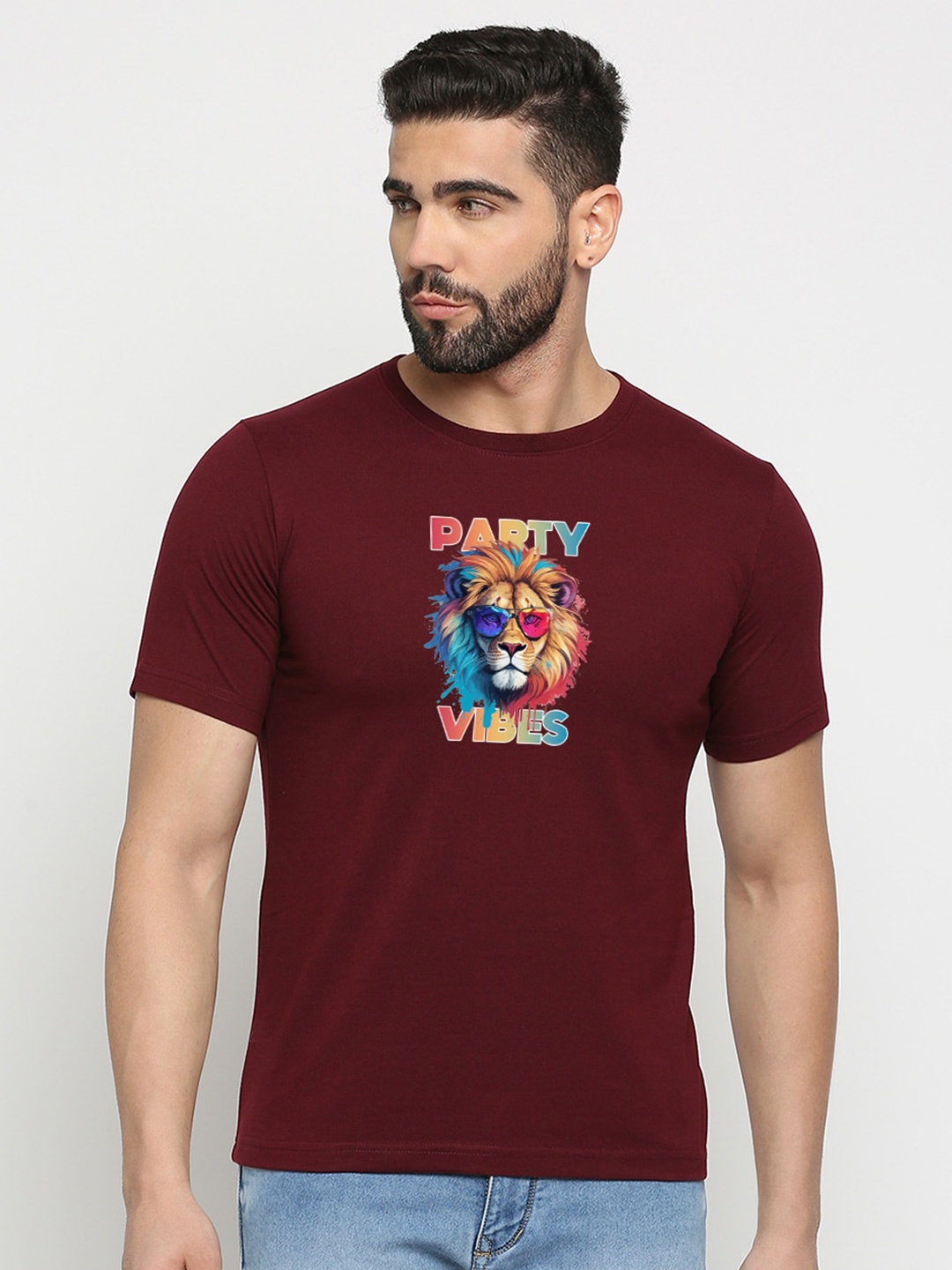 

MOD ECRU Graphic Printed Round Neck Cotton T-shirt, Maroon