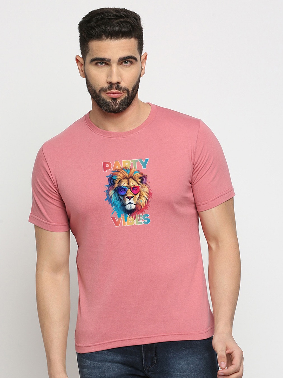 

MOD ECRU Printed Round Neck Cotton T-shirt, Pink