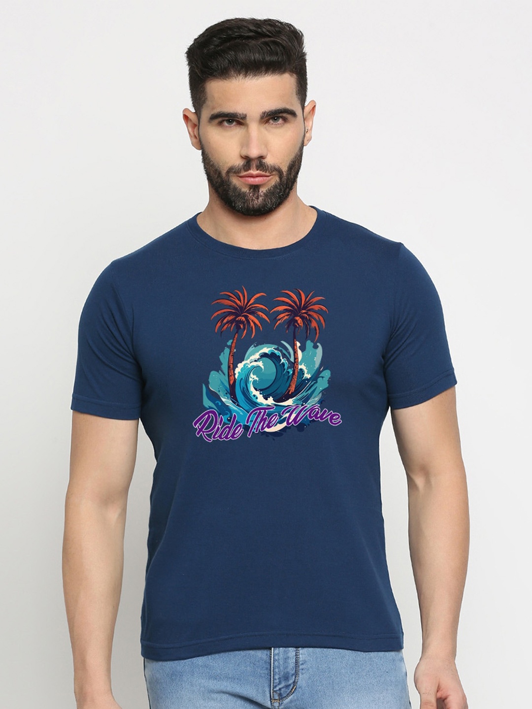 

MOD ECRU Graphic Printed Regular Fit Cotton Casual T-shirt, Blue