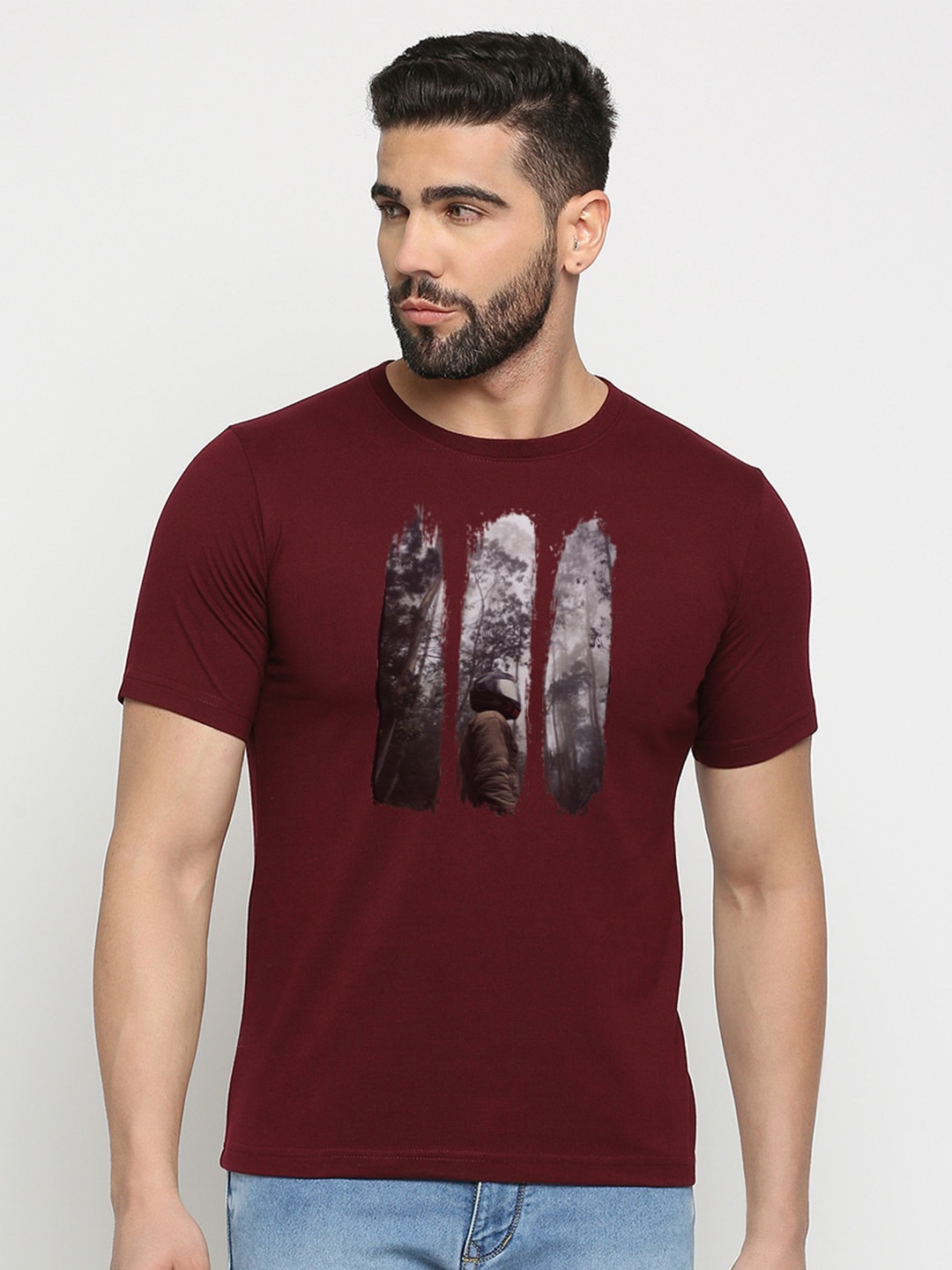 

MOD ECRU Graphic Printed Regular Fit Cotton Casual T-shirt, Maroon