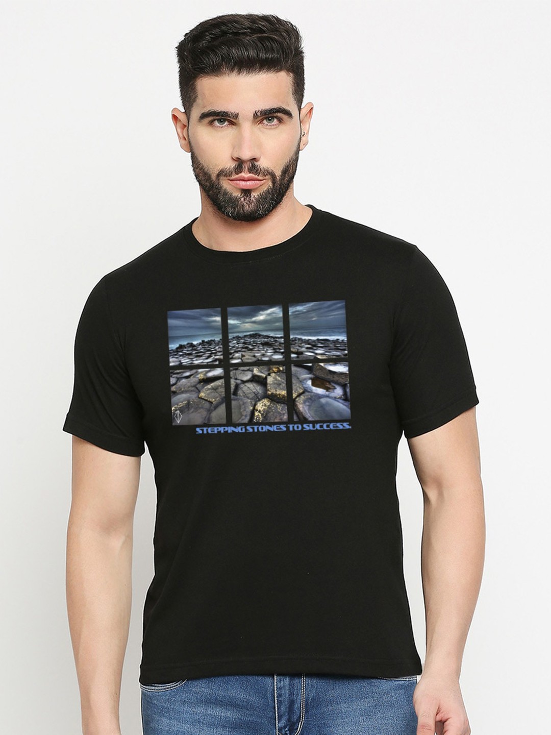 

MOD ECRU Graphic Printed Regular Fit Cotton Casual T-shirt, Black