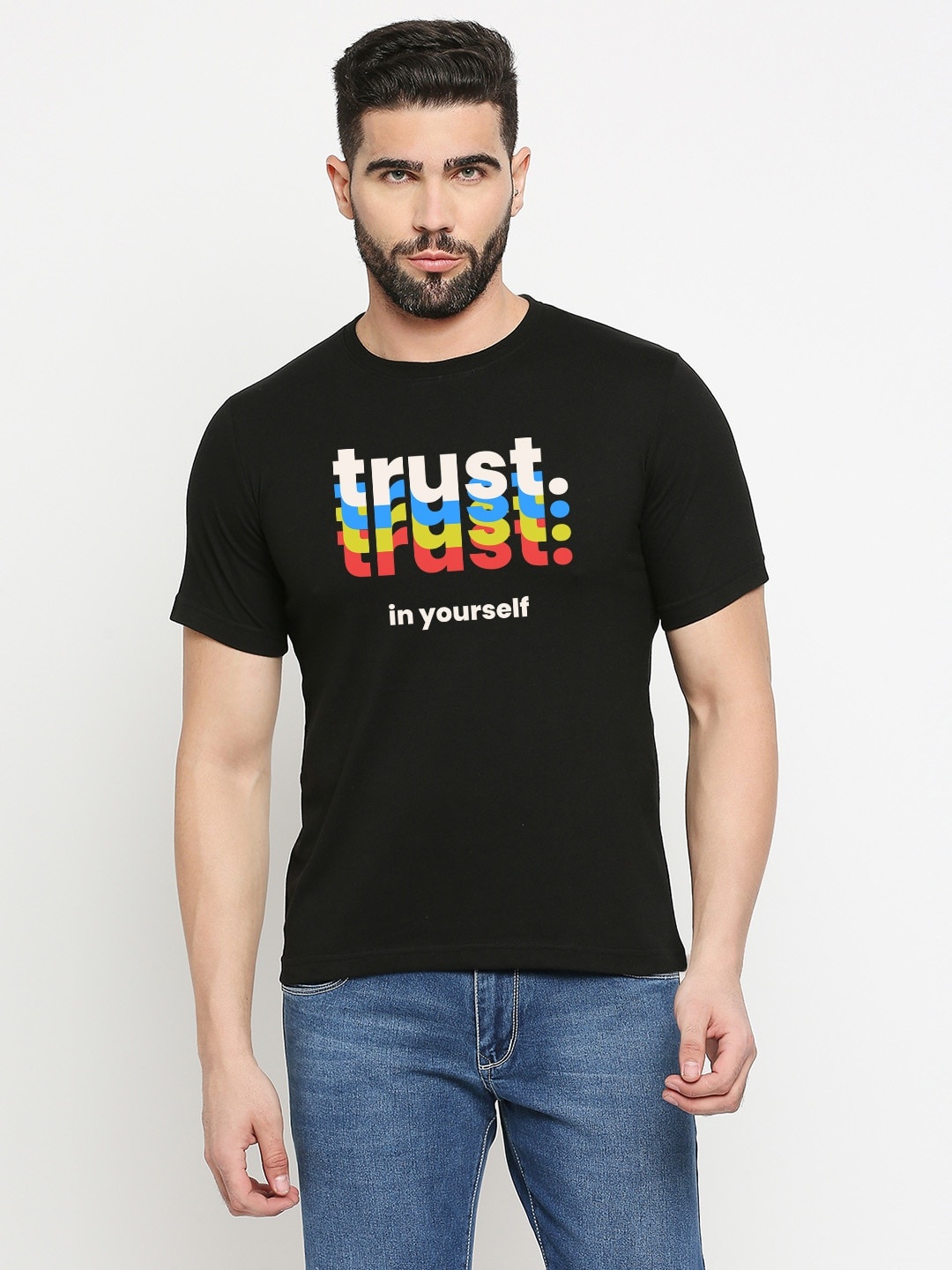 

MOD ECRU Typography Printed Regular Fit Cotton Casual T-shirt, Black