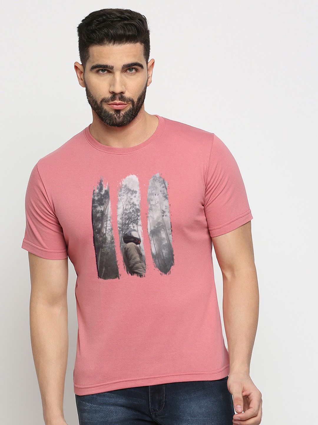 

MOD ECRU Printed Round Neck Cotton T-shirt, Pink