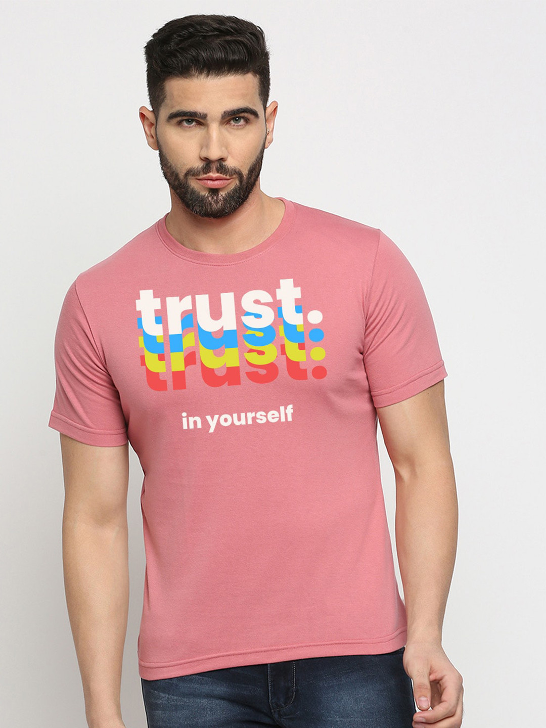 

MOD ECRU Typography Printed Round Neck Cotton T-shirt, Pink