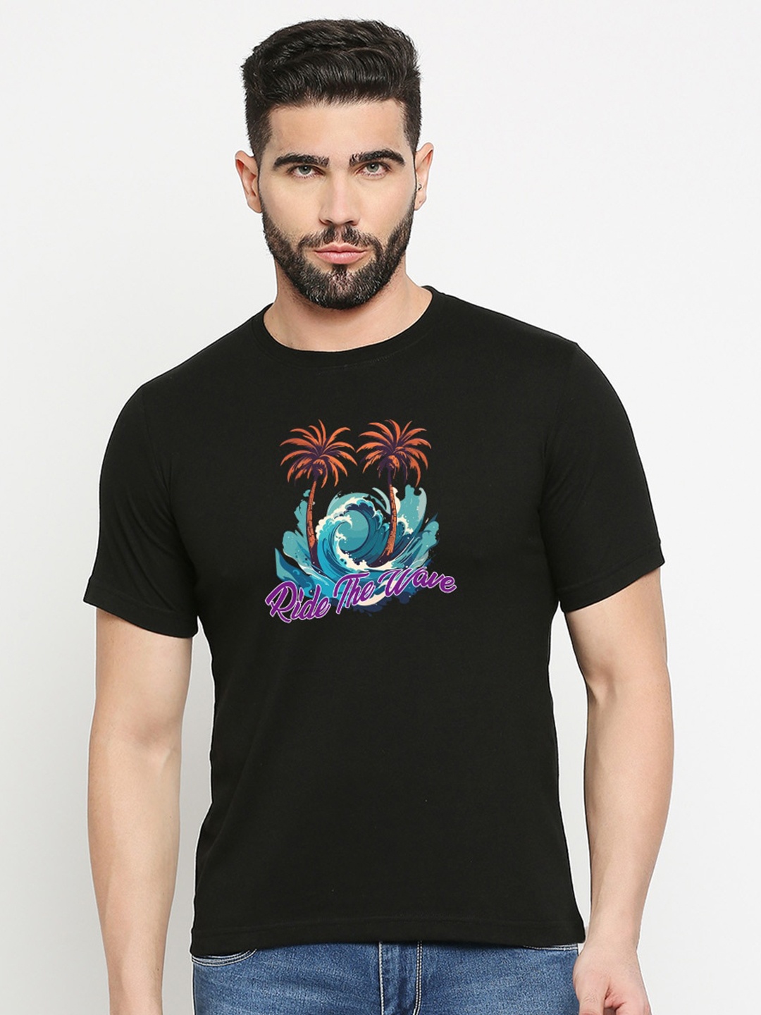 

MOD ECRU Tropical Printed Round Neck Cotton T-shirt, Black