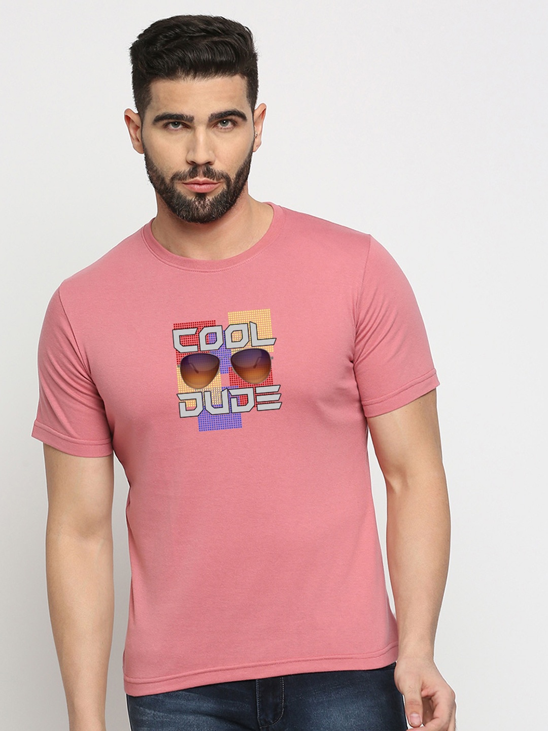 

MOD ECRU Typography Printed Cotton Casual T-Shirt, Pink