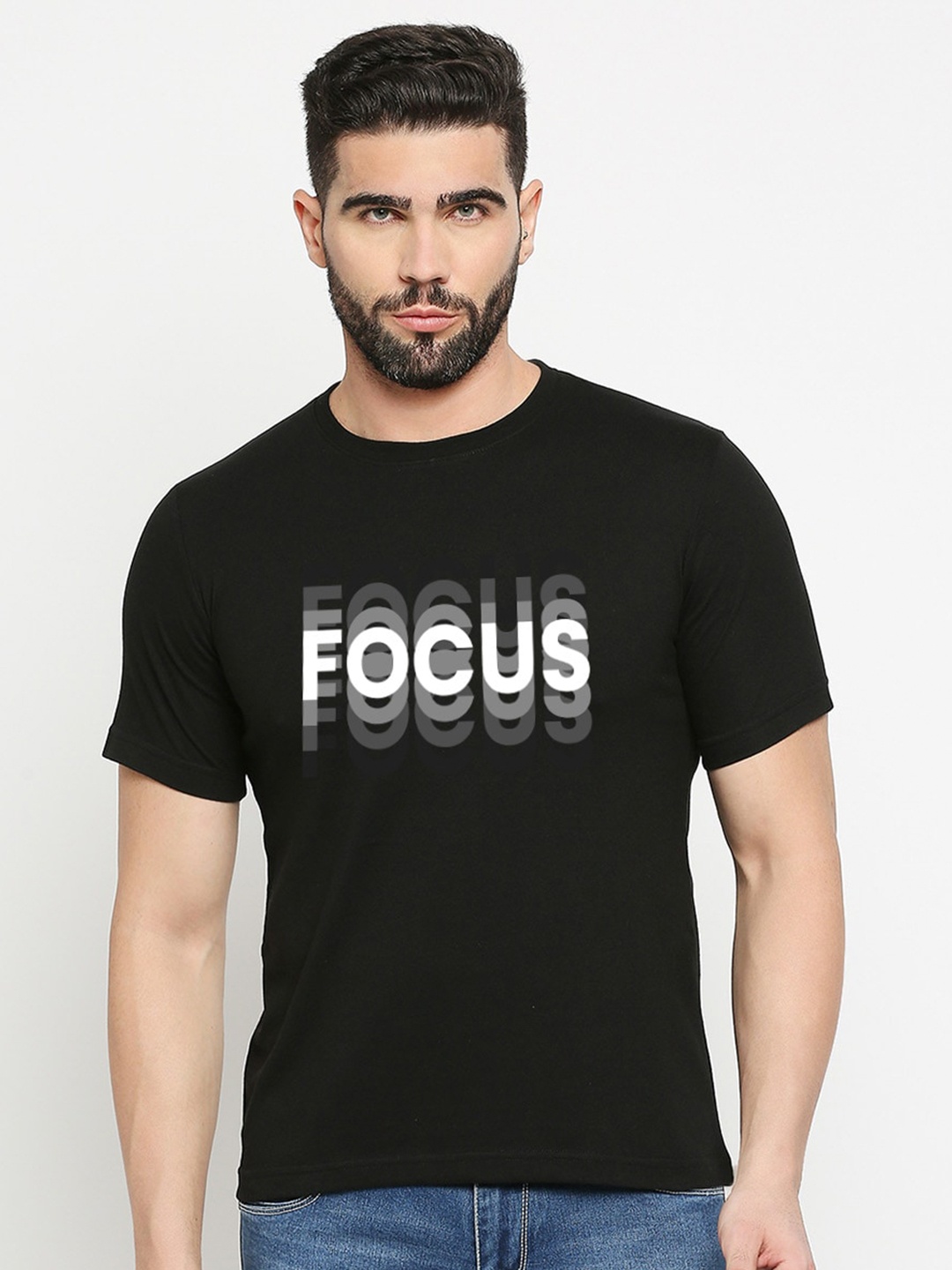 

MOD ECRU Typography Printed Cotton Casual T-Shirt, Black