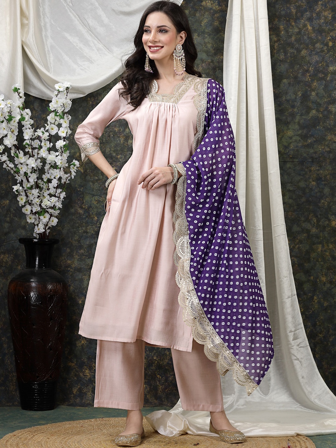 

HERE&NOW Peach-Coloured V-Neck Pleated Straight Kurta & Trousers With Dupatta