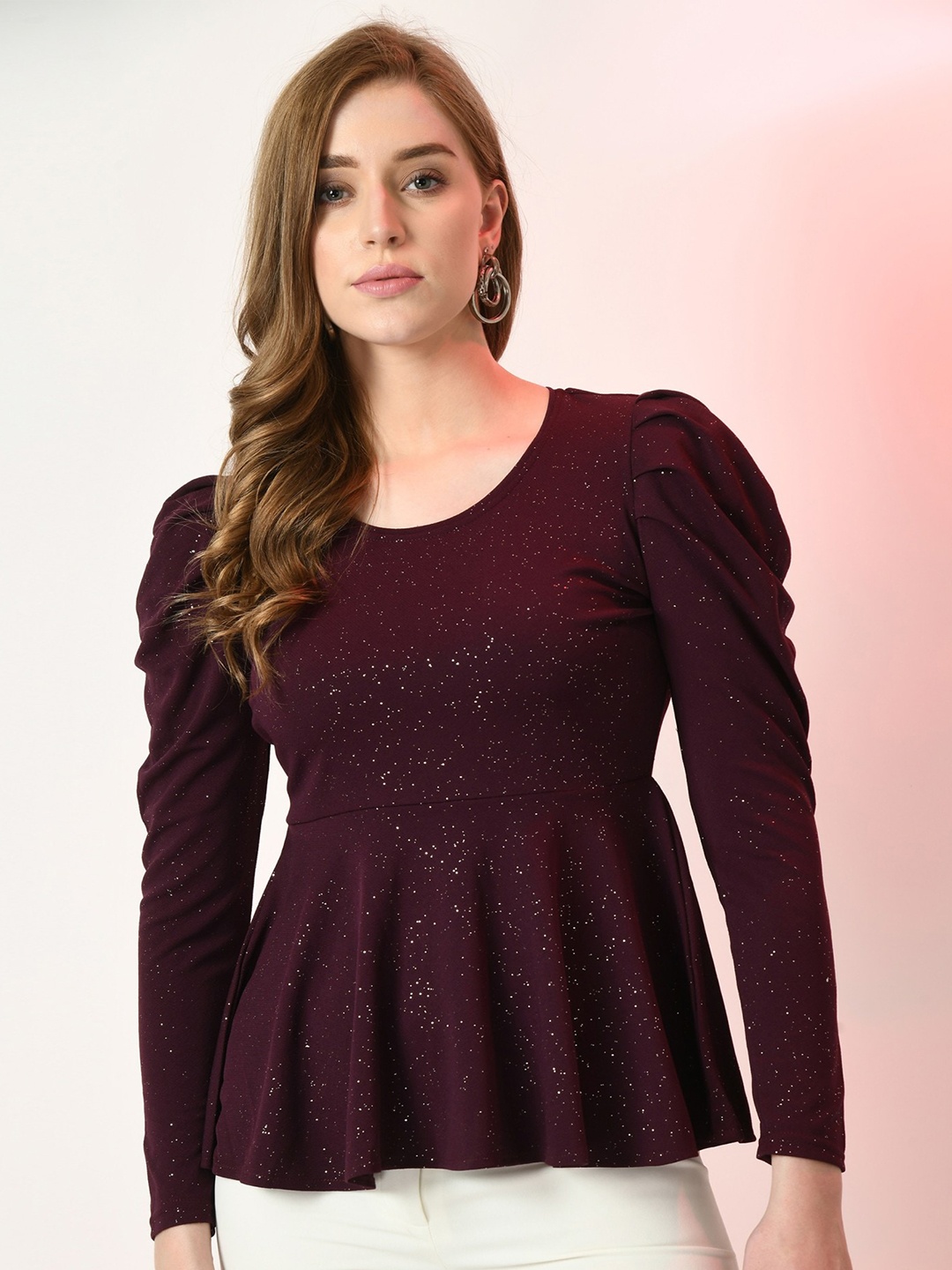 

Moshe Embellished Puff Sleeves Peplum Top, Purple