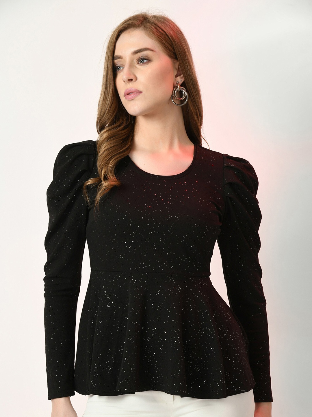 

Moshe Embellished Puff Sleeves Peplum Top, Black