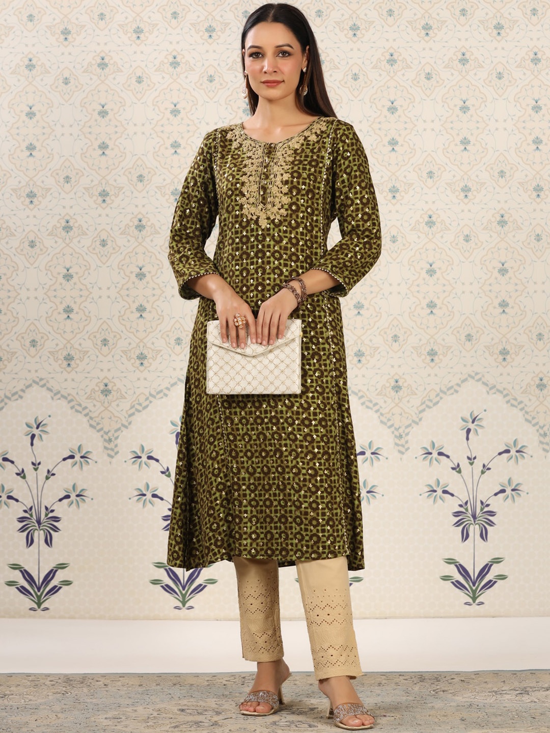

Ode by House of Pataudi Floral Printed Mirror Work A-Line Kurta, Olive