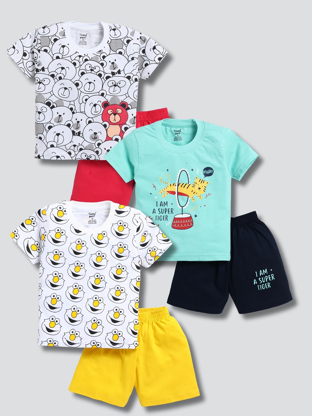 

Toonyport Boys Pack Of 3 Printed Pure Cotton T Shirt With Shorts, White