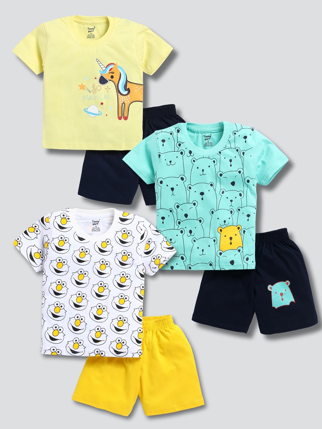 

Toonyport Boys Pack Of 3 Printed Pure Cotton T-Shirt with Shorts, White