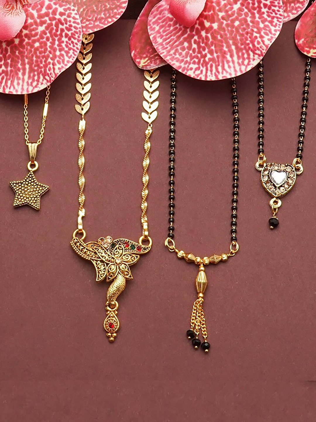

Ramdev Art Fashion Jwellery Set Of 4 Gold-Plated Stone-Studded & Beaded Mangalsutra