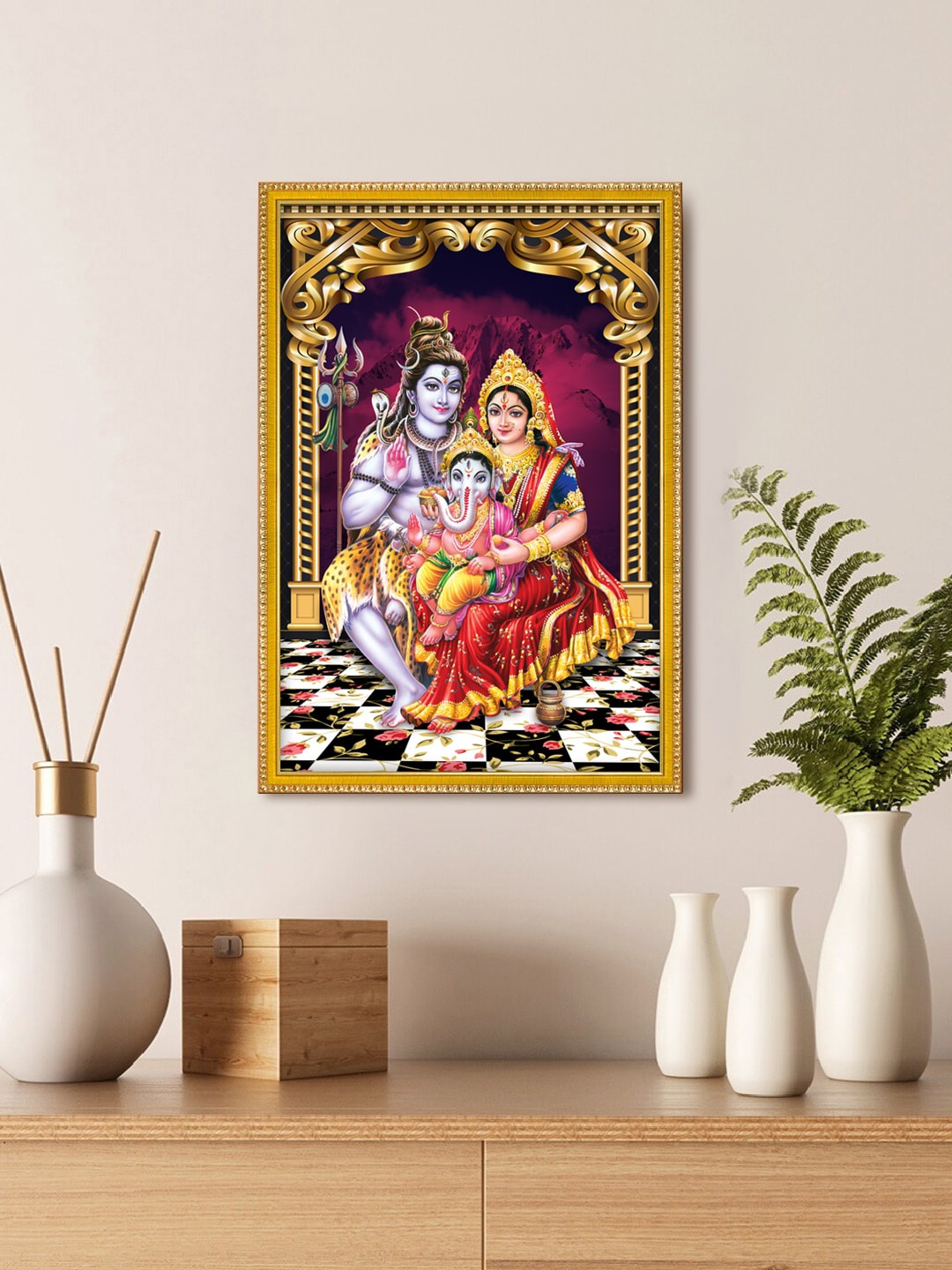999Store Gold Toned & Blue Lord Shiva Parivar Photo Painting Wall Art