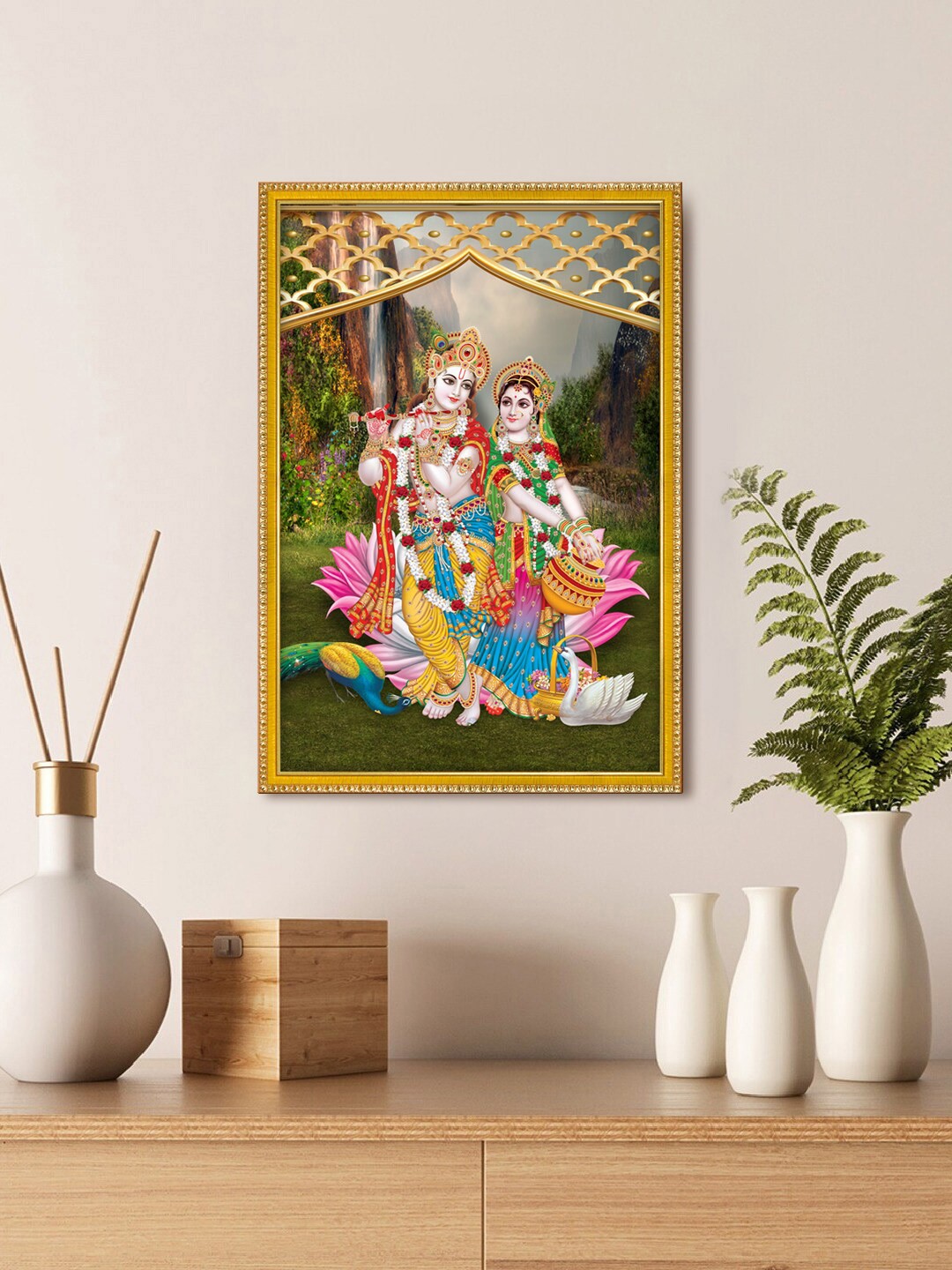 

999Store Pink & Blue Wall Photo Frame with Lord Radha Krishna Photo Painting