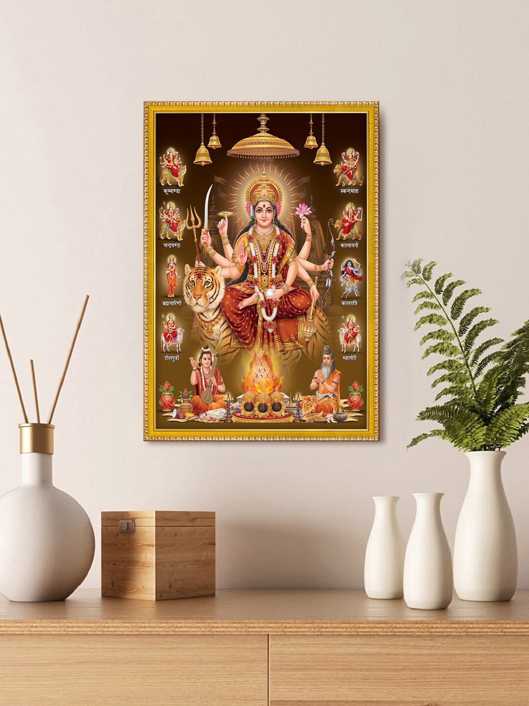 

999Store Gold Toned & Maroon Nav Durga Mata Rani Photo Painting Wall Art
