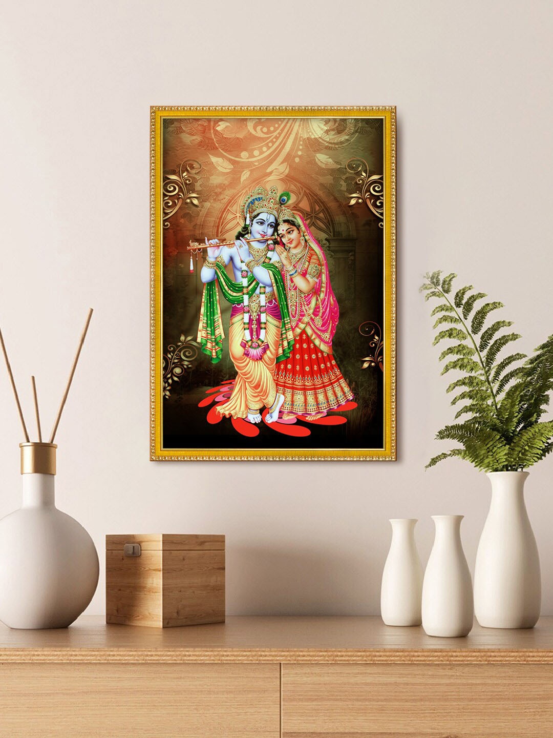 

999Store Lord Radha Krishna Playing Flute Photo Painting With Photo Frame For Temple, Red