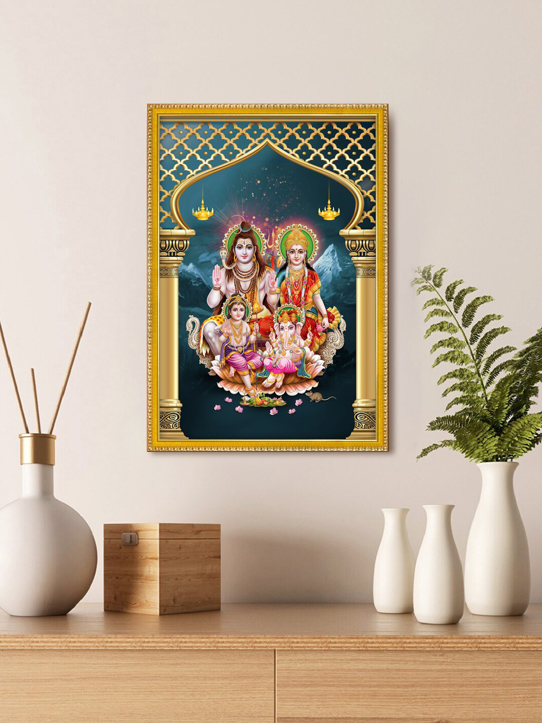

999Store Beige & Blue Shiva Parivar Photo Painting With Frame