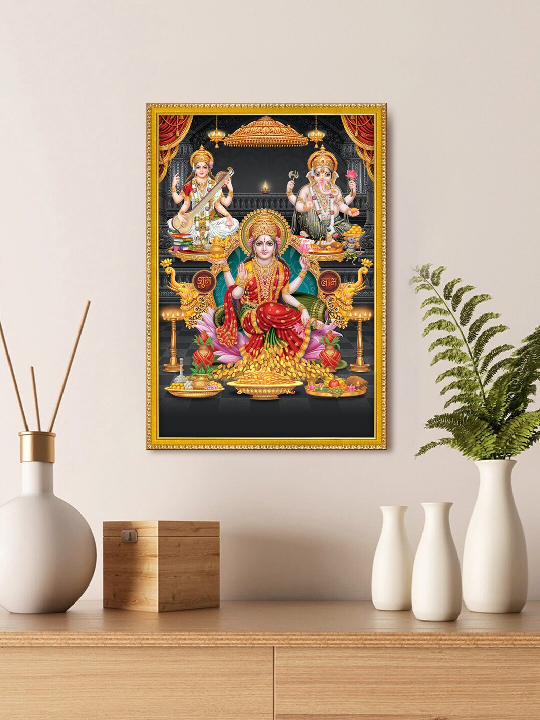 

999Store Grey & Red Lakshmi With Ganesha And Saraswati Poster Print Photo Frame