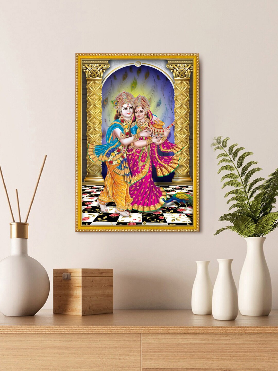 

999Store Lord Radha Krishna Photo Framed Painting Wall Art, Pink