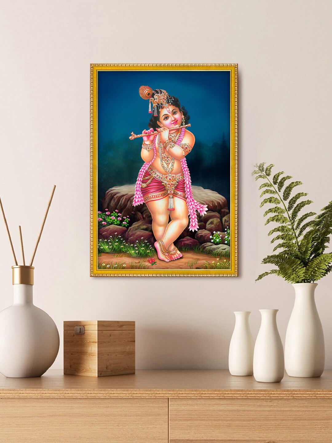 

999Store Beige & Blue Lord Krishna Playing Flute Photo Painting With Photo Frame