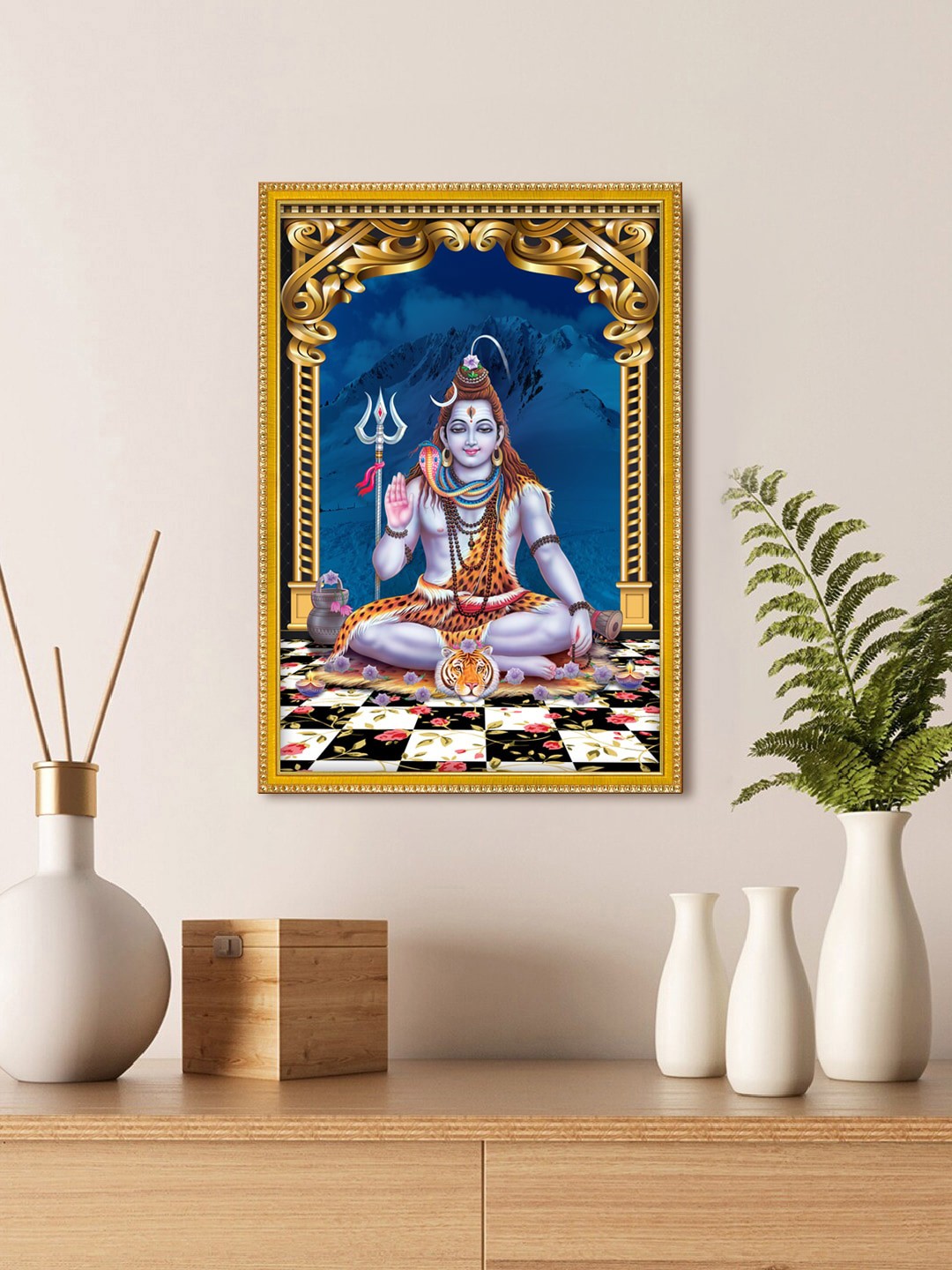 

999Store Blue & Brown Lord Shiva Photo Painting With Photo Frame