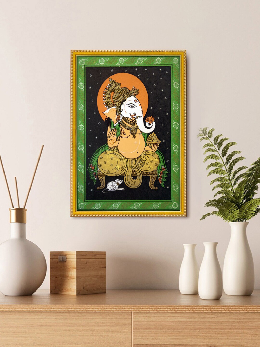 

999Store Lord Ganesha Photo Framed Painting Wall Art, Green