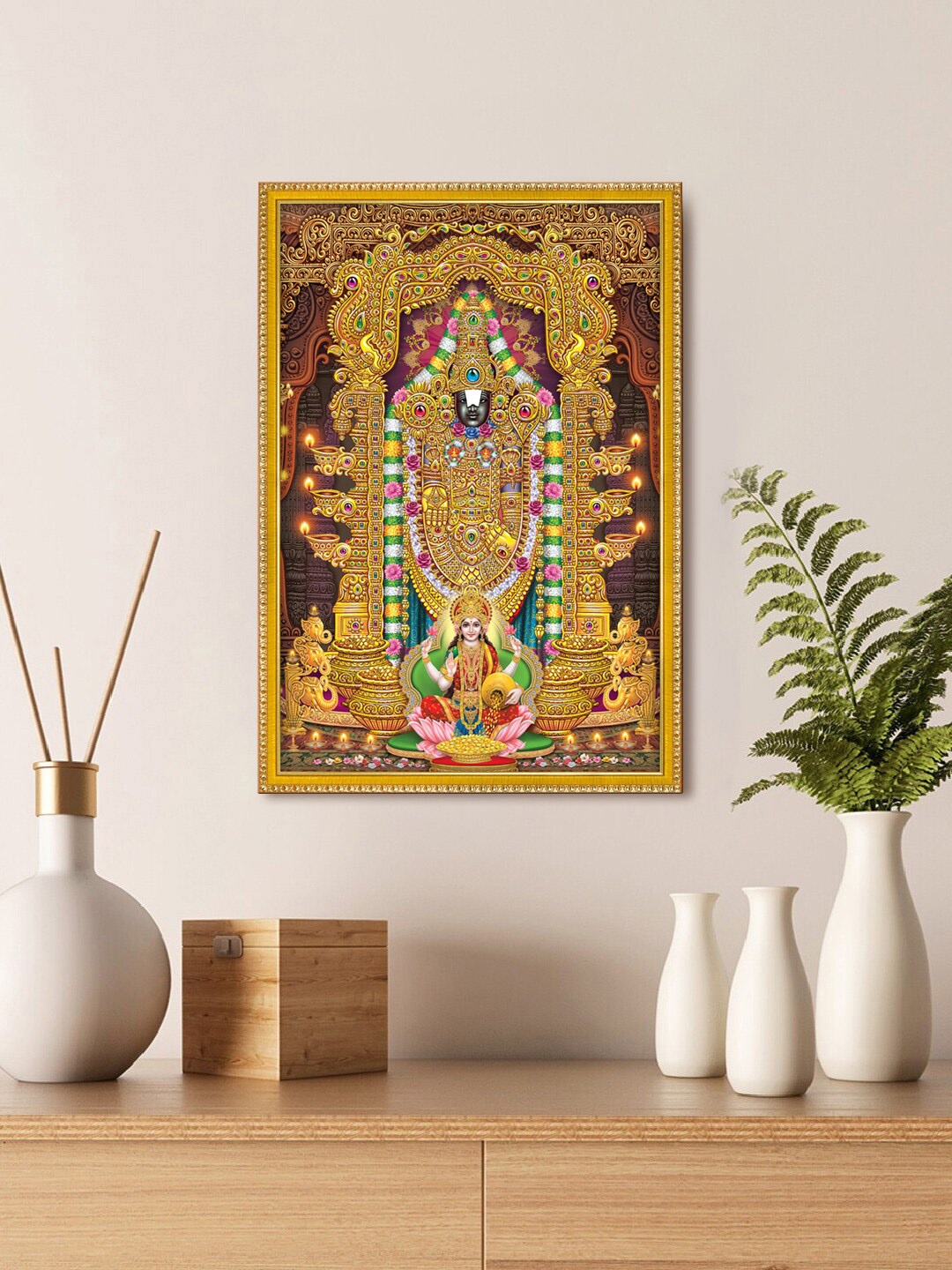 

999Store Beige & Green Lord Tirupati Balaji & Lakshmi Photo Painting Wall Art