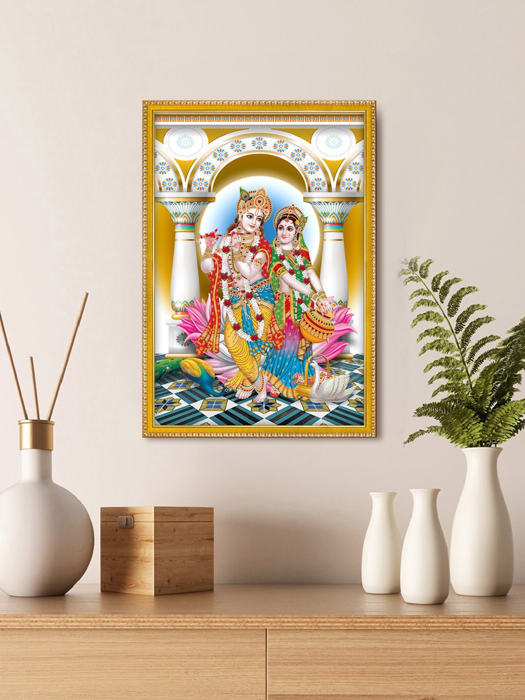

999Store Pink & blue Wall Photo Frame with Lord Radha Krishna Photo Painting