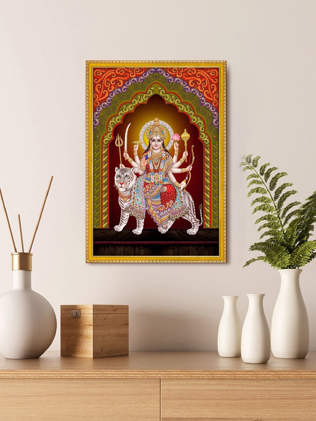 

999Store Red & Green Sherawali Mata Painting With Photo Frame