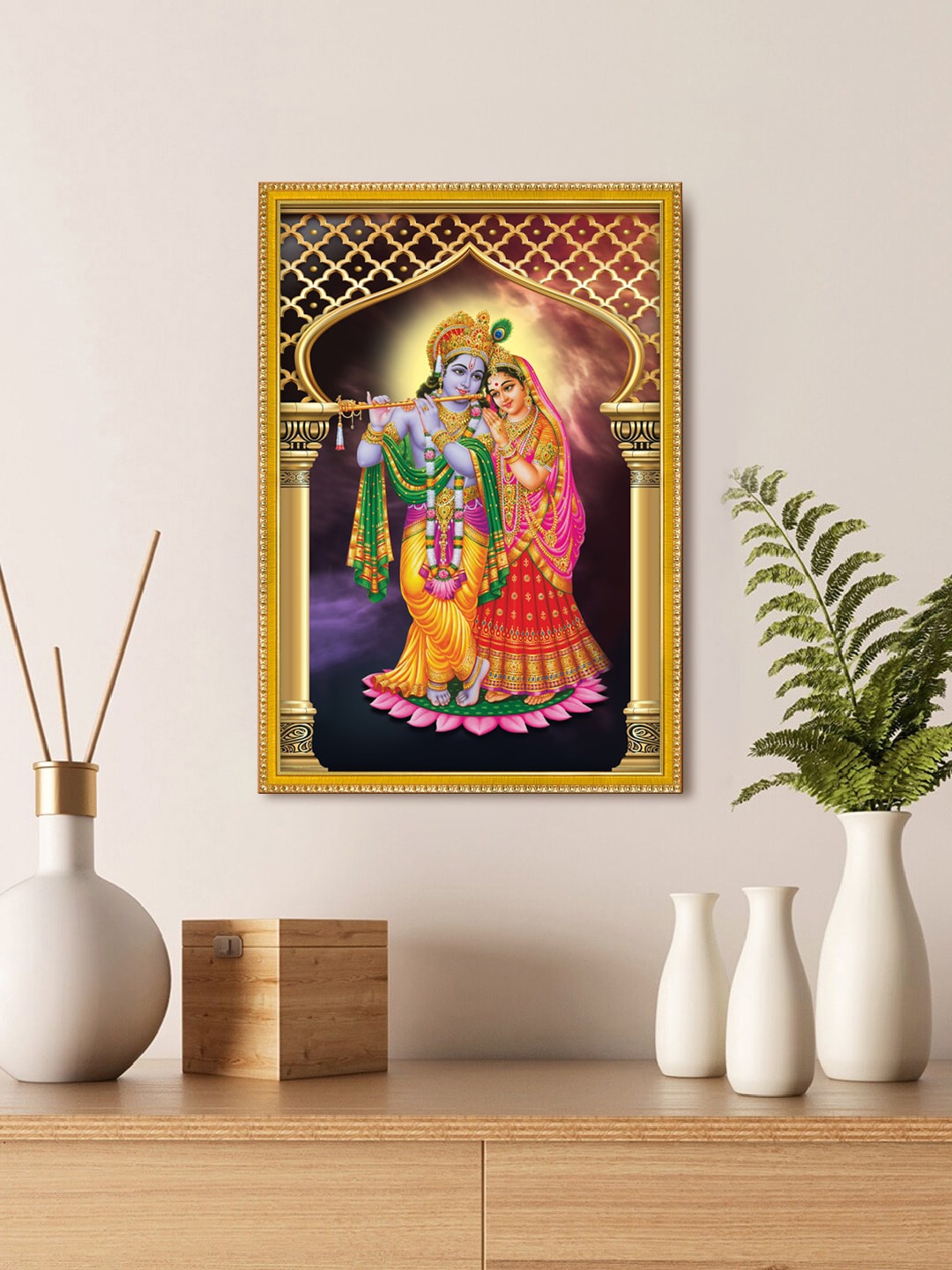 

999Store Lord Krishna Playing Flute And Radha Framed Painting Wall Art, Red
