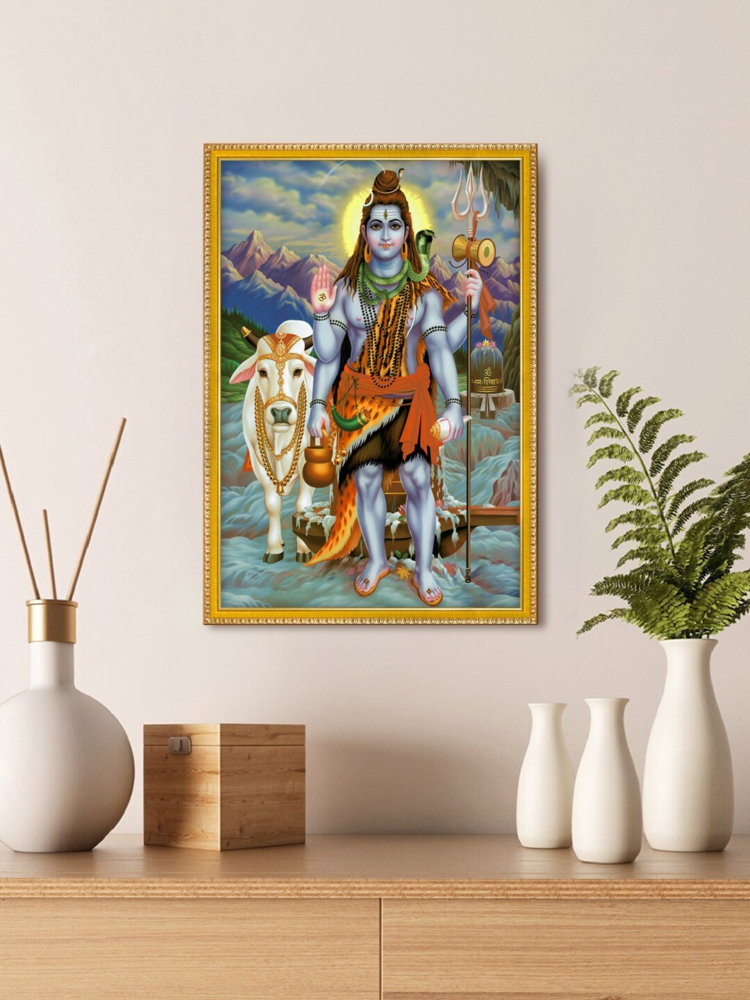 

999Store Blue & Brown Lord Shiva With His Cow Nandi Painting With Photo Frame