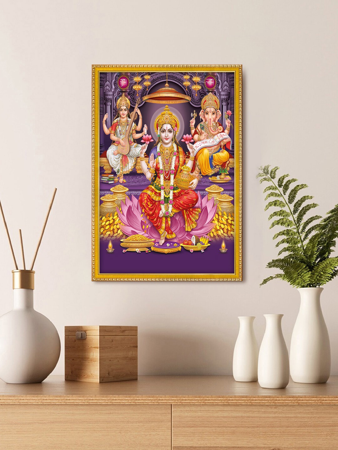 

999Store Red & Yellow Lakshmi,Ganesha And Saraswati Photo Frame