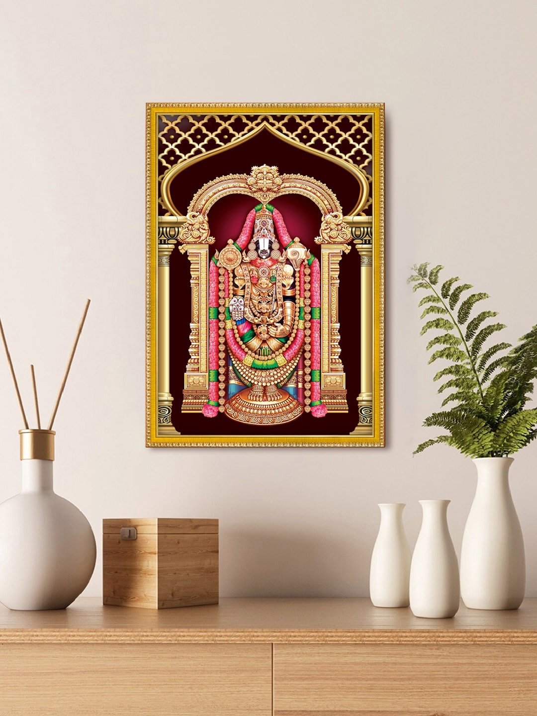 

999Store Gold Toned & Pink Lord Tirupati Balaji Photo Painting Wall Art