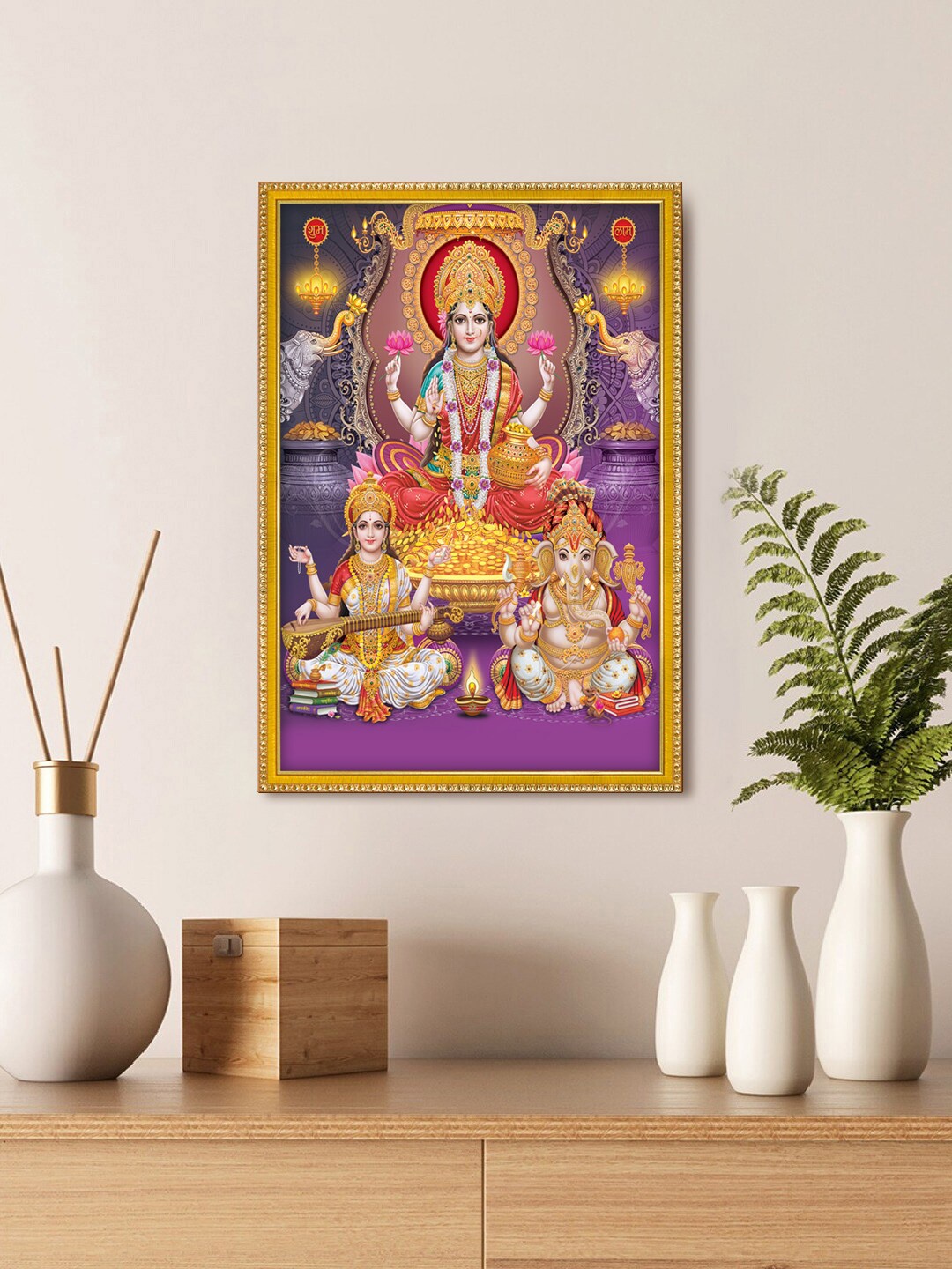 999Store Lakshmi Ganesha And Saraswati Photo Frame Wall Art, Red