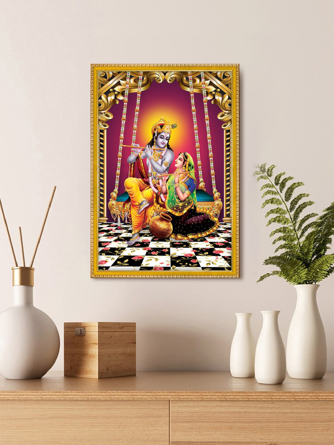 

999Store Yellow Lord Radha Krishna Photo Painting With Photo Frame For Mandir