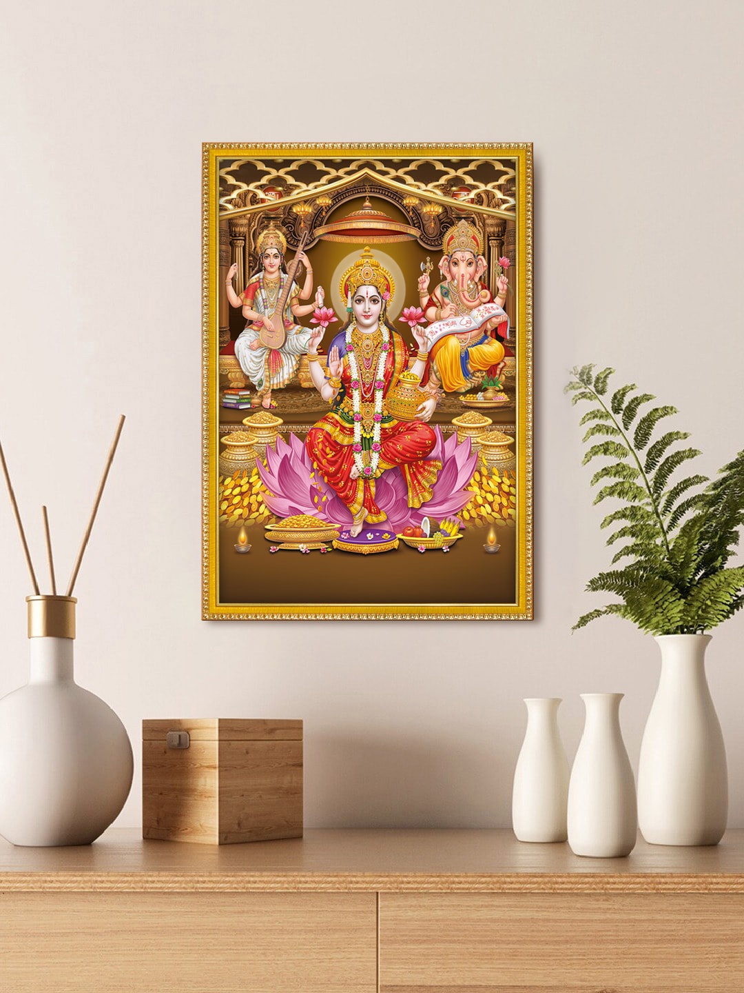 

999Store Beige & Red Lakshmi With Ganesha & Saraswati Painting Wall Art With Photo Frame