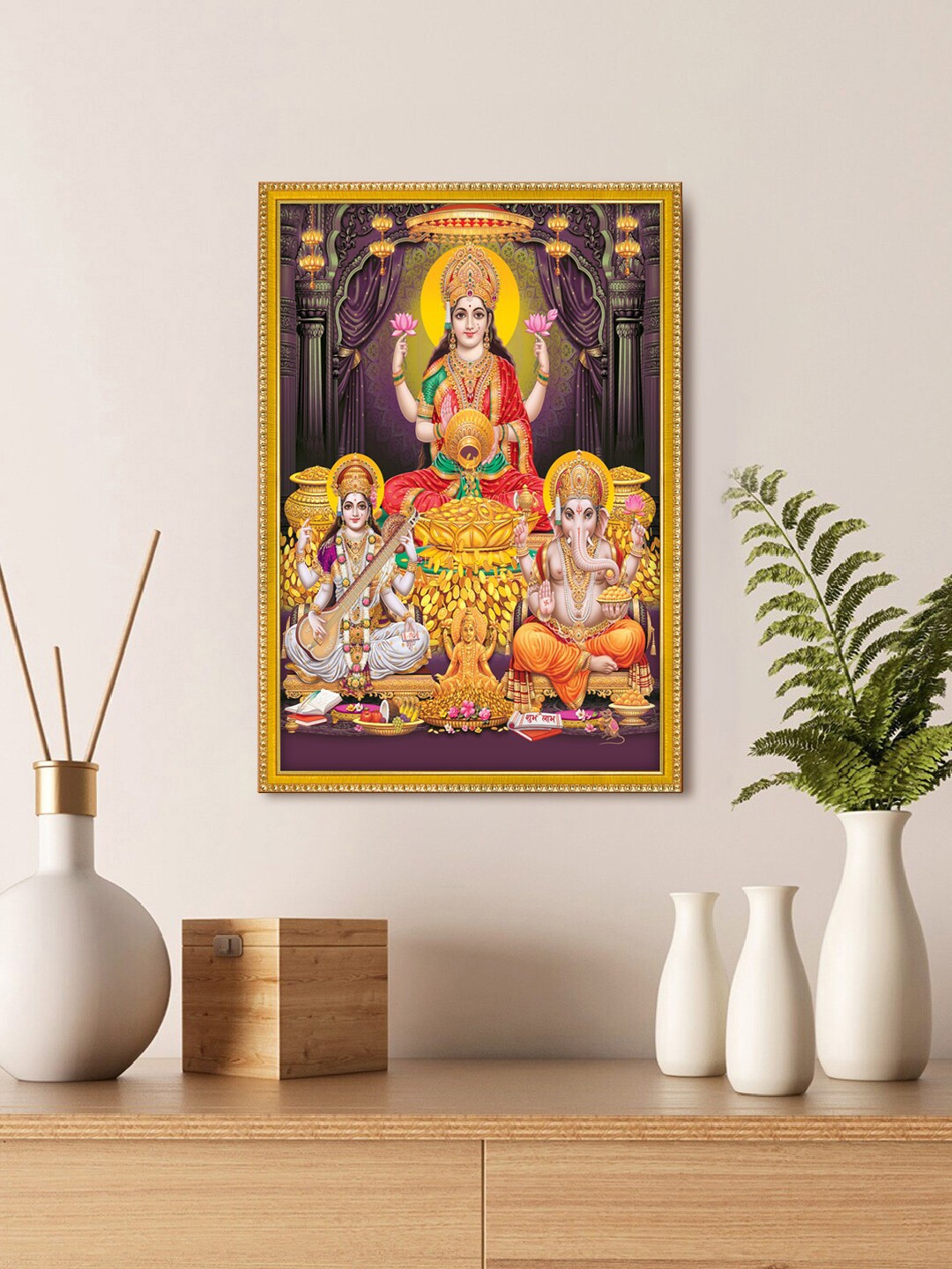 

999Store Golden & Red Lakshmi Ganesha & Saraswati Photo Painting Wall Art, Gold