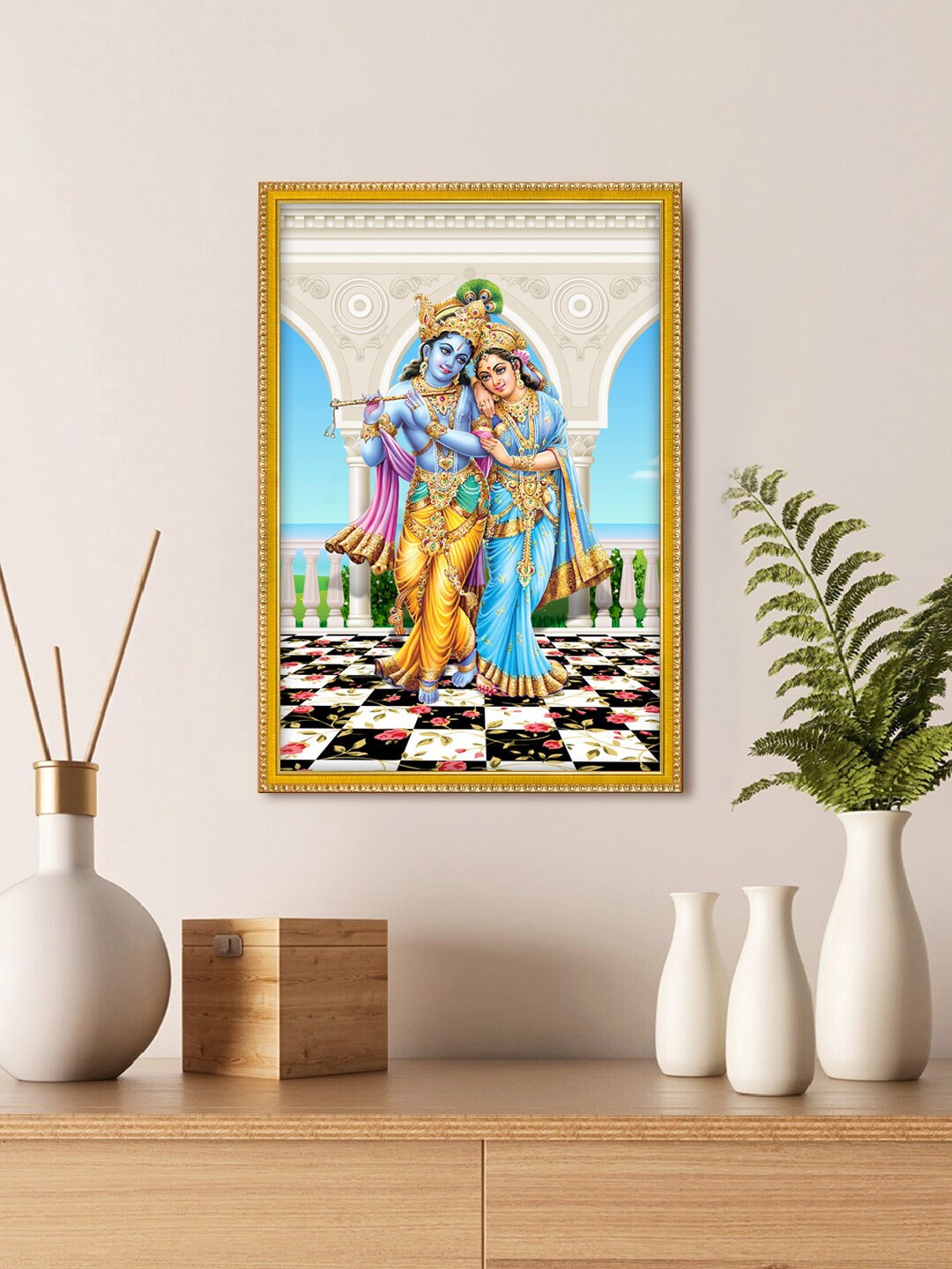 

999Store Blue & Yellow Wall Photo Frame with Lord Radha Krishna Photo Painting