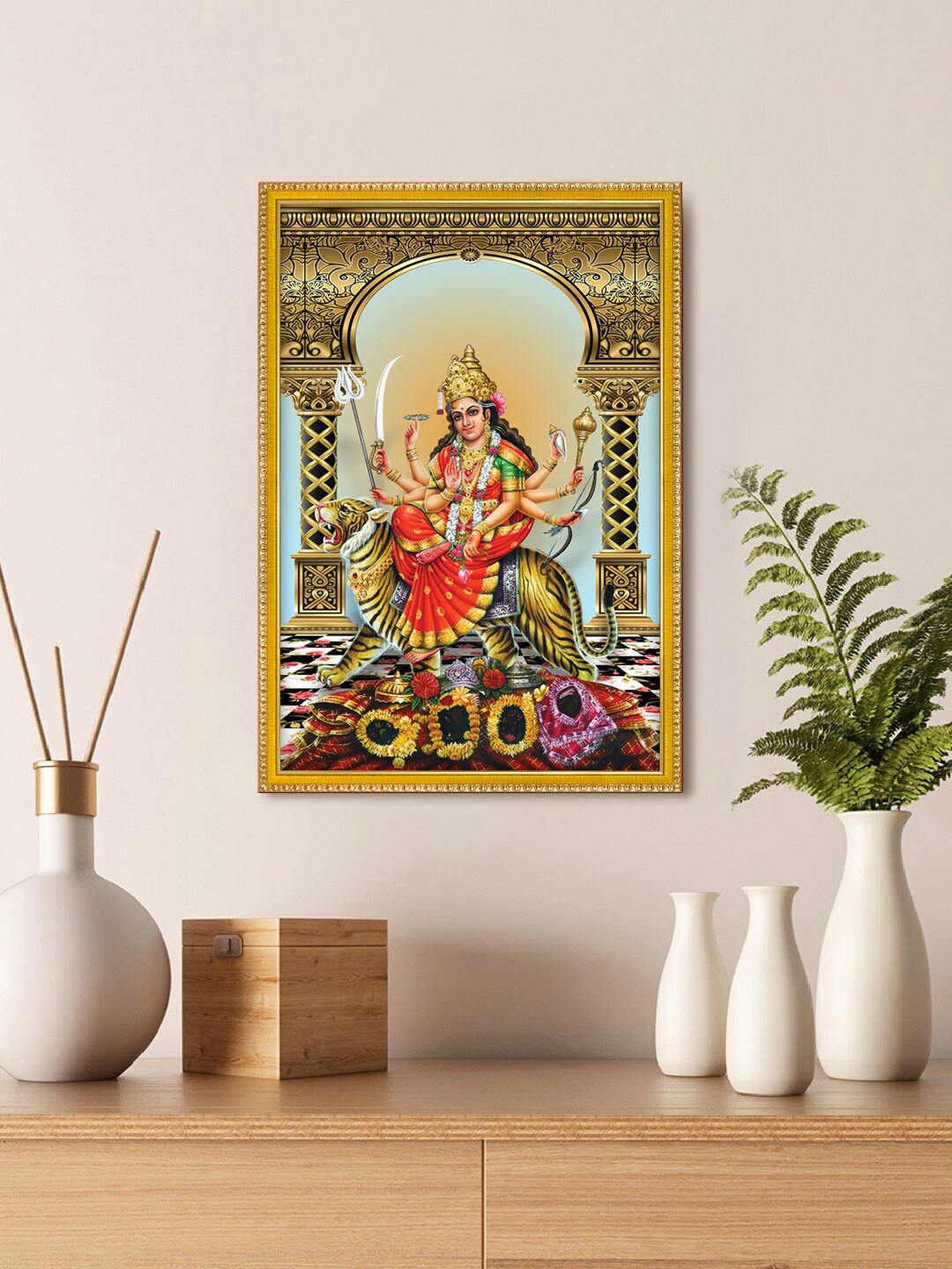 

999Store Beige & Red Sherawali Mata Sitting On Tiger Photo Painting Wall Art