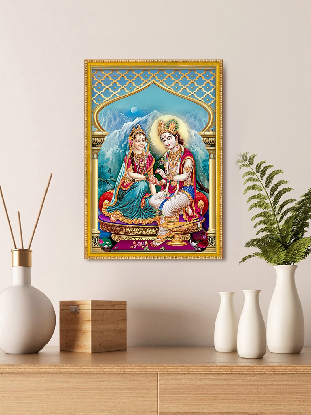 

999Store Gold Toned & Blue Radha Krishna Photo Wall Art